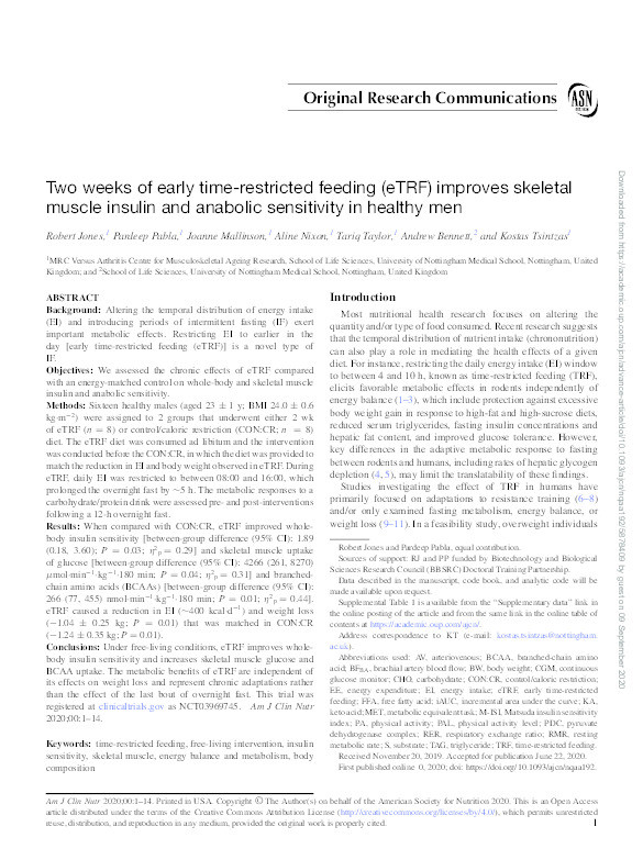 Two weeks of early time-restricted feeding (eTRF) improves skeletal muscle insulin and anabolic sensitivity in healthy men Thumbnail