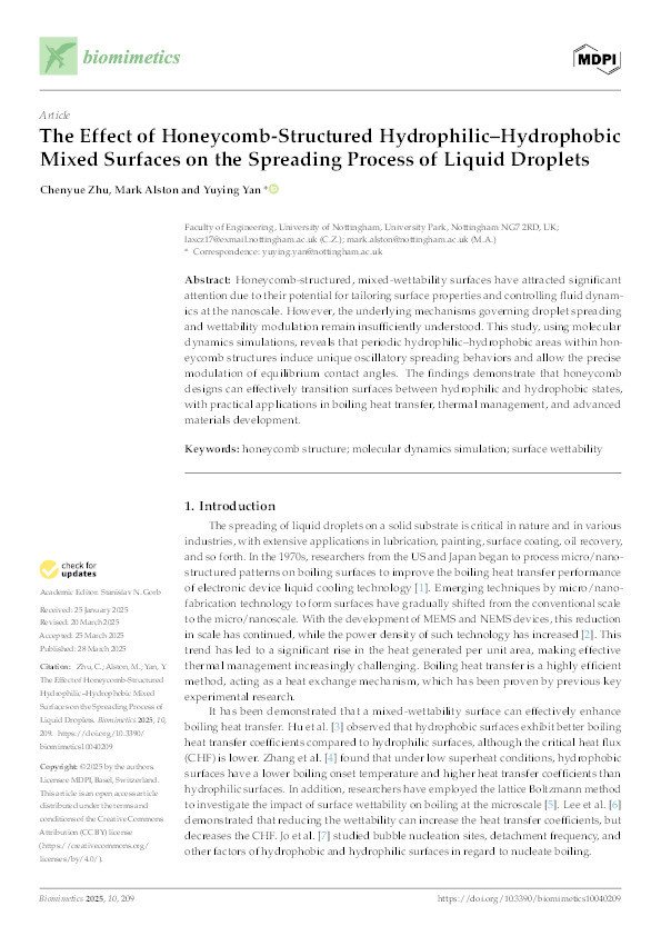 The Effect of Honeycomb-Structured Hydrophilic–Hydrophobic Mixed Surfaces on the Spreading Process of Liquid Droplets Thumbnail