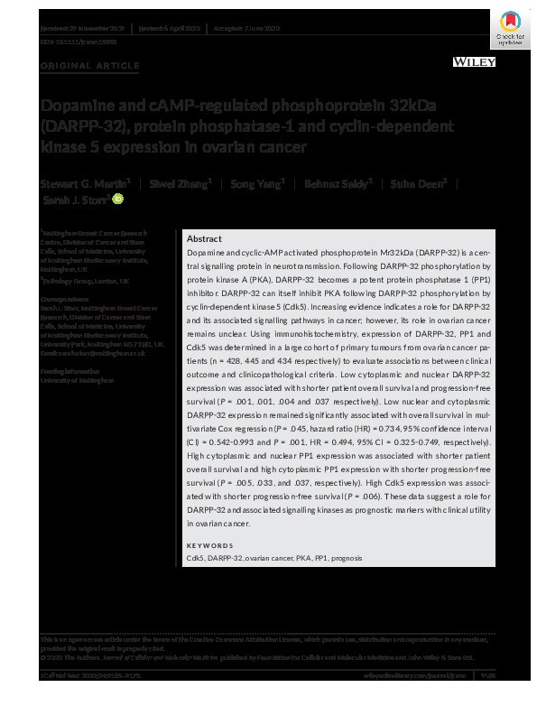 Dopamine and cAMP?regulated phosphoprotein 32kDa (DARPP?32), protein phosphatase?1 and cyclin?dependent kinase 5 expression in ovarian cancer Thumbnail