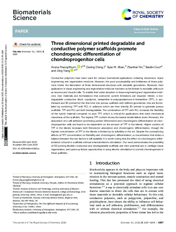 Three dimensional printed degradable and conductive polymer scaffolds promote chondrogenic differentiation of chondroprogenitor cells Thumbnail