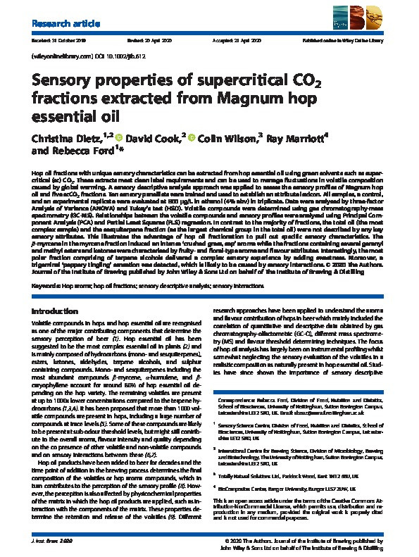 Sensory properties of supercritical CO2 fractions extracted from Magnum hop essential oil Thumbnail