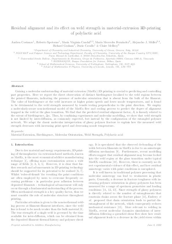 Residual alignment and its effect on weld strength in material-extrusion 3D-printing of polylactic acid Thumbnail