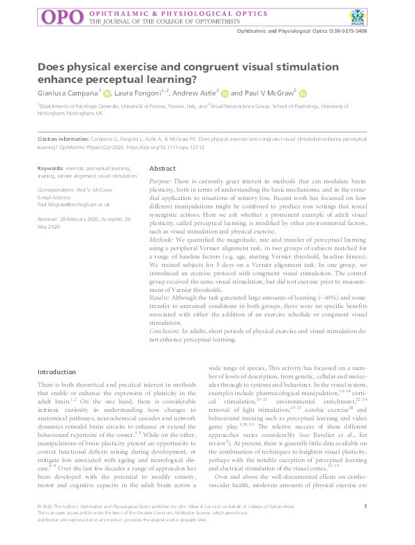 Does physical exercise and congruent visual stimulation enhance perceptual learning? Thumbnail