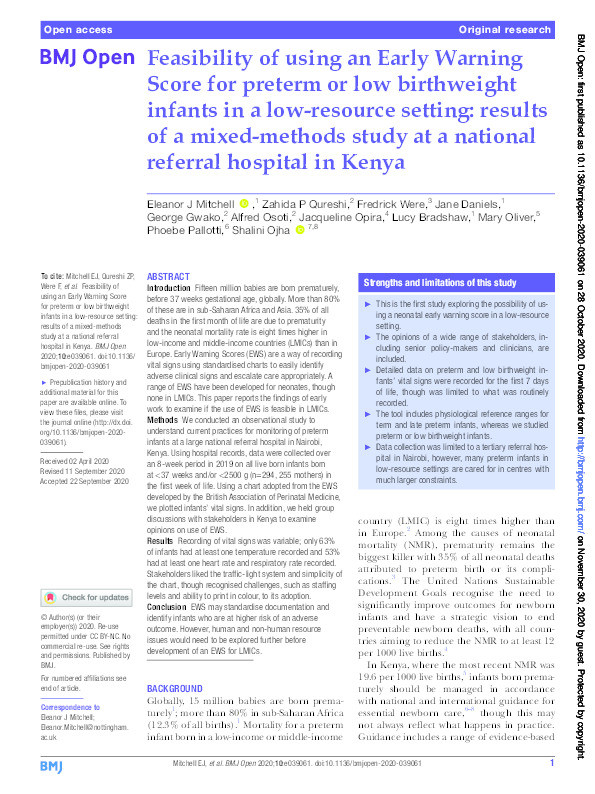 Development of an Early Warning Track and Trigger system for preterm or low-birth weight infants in a low resource setting: results of a mixed-methods study at a national referral hospital in Kenya Thumbnail