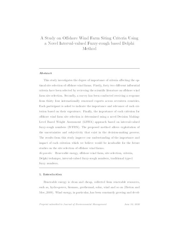 A study on offshore wind farm siting criteria using a novel interval-valued fuzzy-rough based Delphi method Thumbnail