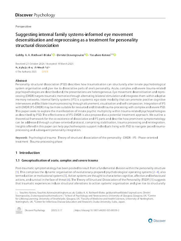 Suggesting internal family systems-informed eye movement desensitisation and reprocessing as a treatment for personality structural dissociation Thumbnail
