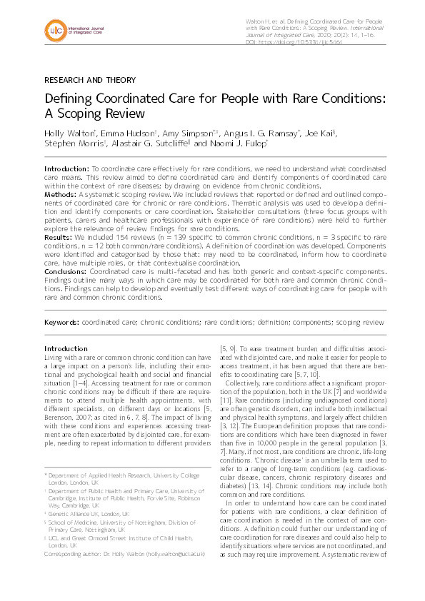 Defining Coordinated Care for People with Rare Conditions: A Scoping Review Thumbnail