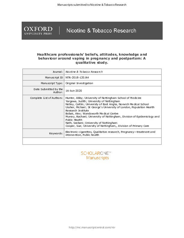 Healthcare Professionals’ Beliefs, Attitudes, Knowledge, and Behavior Around Vaping in Pregnancy and Postpartum: A Qualitative Study Thumbnail