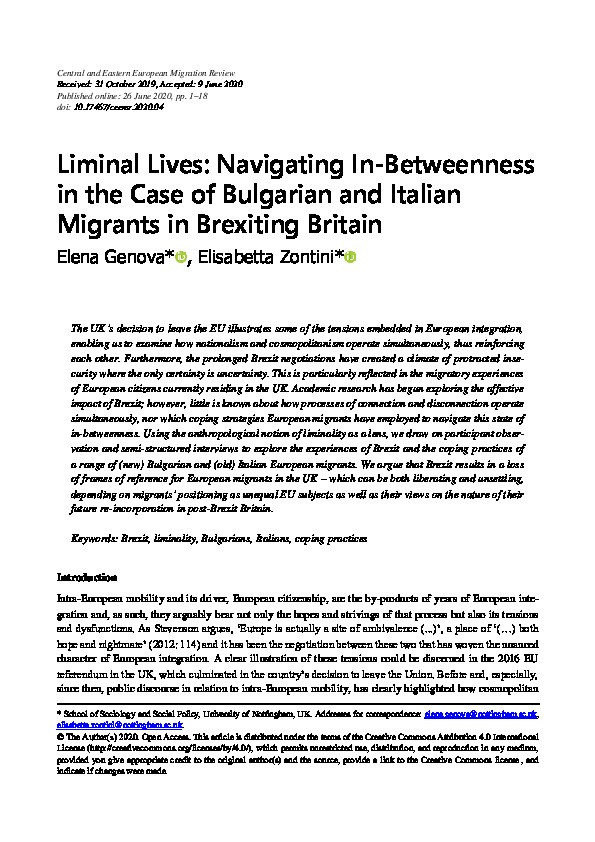  Liminal Lives: Navigating In-Betweenness in the Case of Bulgarian and Italian Migrants in Brexiting Britain Thumbnail