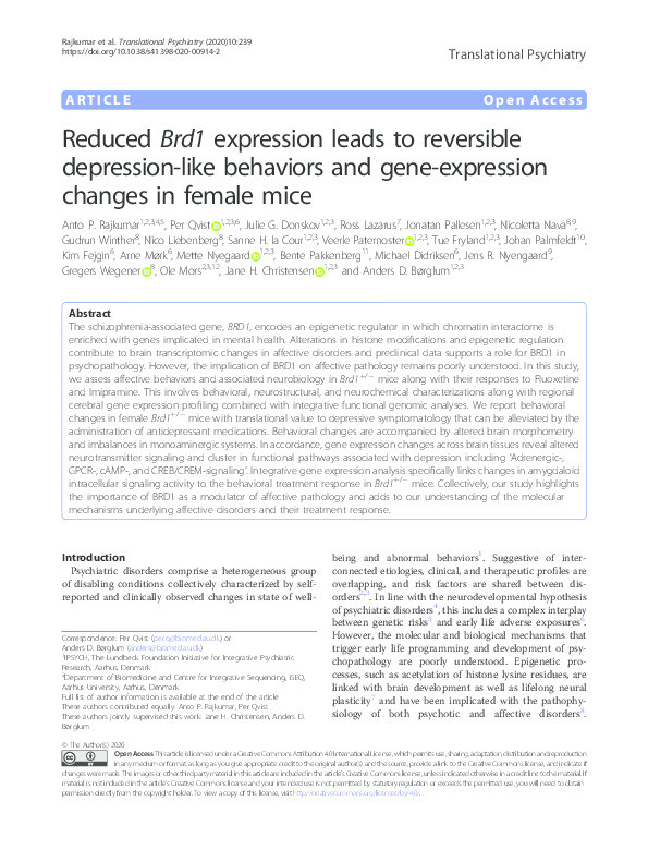 Reduced Brd1 expression leads to reversible depression-like behaviors and gene-expression changes in female mice Thumbnail