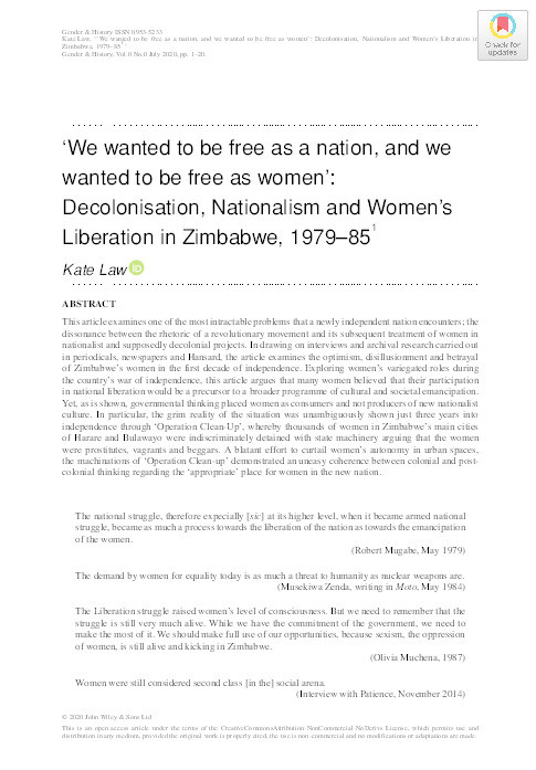 ‘We wanted to be free as a nation, and we wanted to be free as women’: Decolonisation, Nationalism and Women's Liberation in Zimbabwe, 1979–85            1 Thumbnail