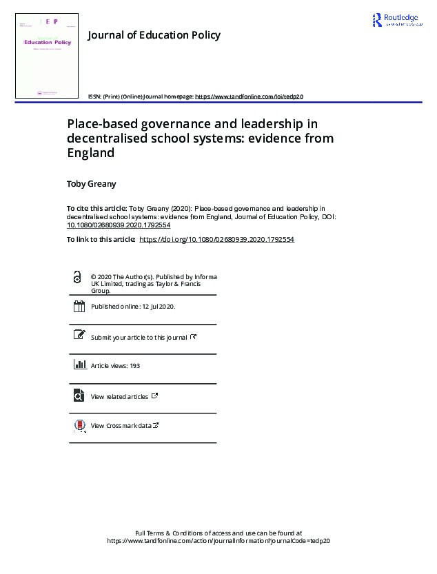 Place-based governance and leadership in decentralised school systems: evidence from England Thumbnail