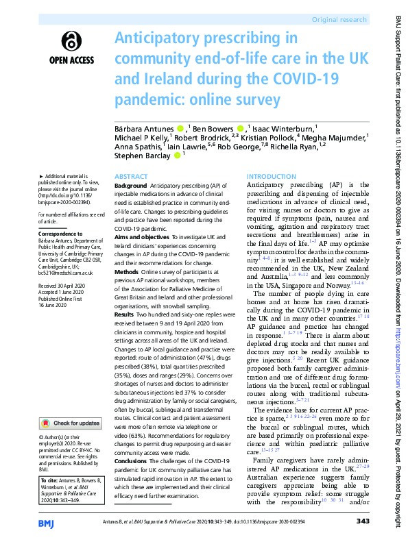 Anticipatory prescribing in community end-of-life care in the UK and Ireland during the COVID-19 pandemic: online survey Thumbnail