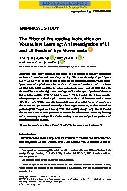 The Effect of Pre‐reading Instruction on Vocabulary Learning: An Investigation of L1 and L2 Readers’ Eye Movements Thumbnail