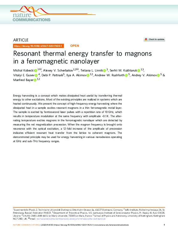 Resonant thermal energy transfer to magnons in a ferromagnetic nanolayer Thumbnail