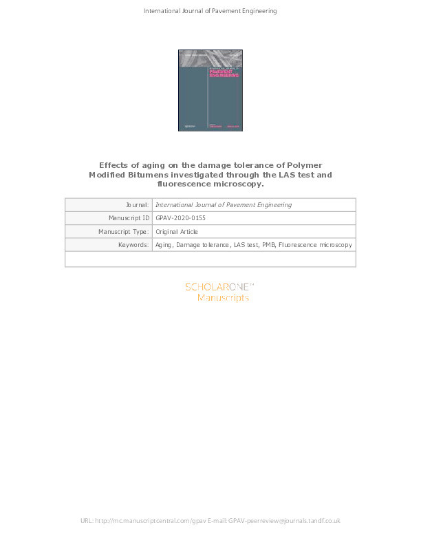 Effects of ageing on the damage tolerance of polymer modified bitumens investigated through the LAS test and fluorescence microscopy Thumbnail