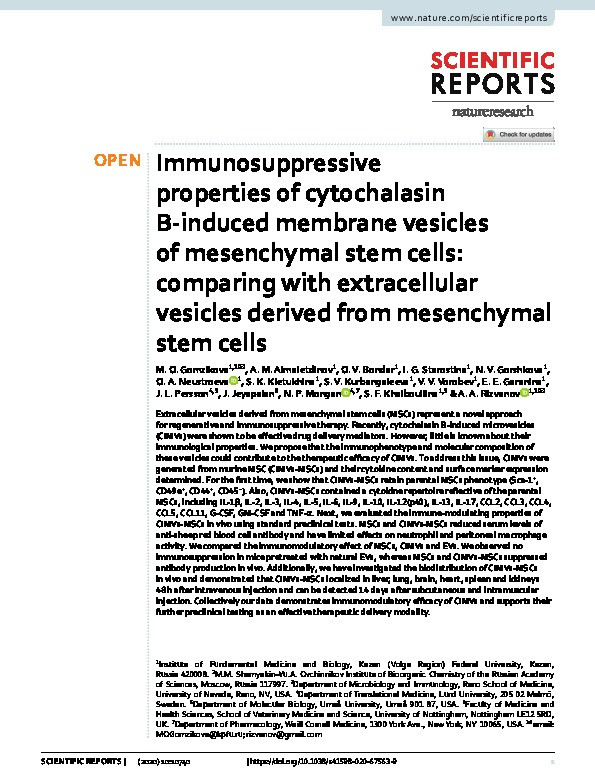Immunosuppressive properties of cytochalasin B-induced membrane vesicles of mesenchymal stem cells: comparing with extracellular vesicles derived from mesenchymal stem cells Thumbnail