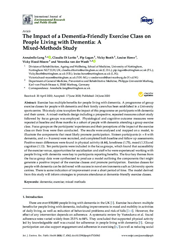 The Impact of a Dementia-Friendly Exercise Class on People Living with Dementia: A Mixed-Methods Study Thumbnail