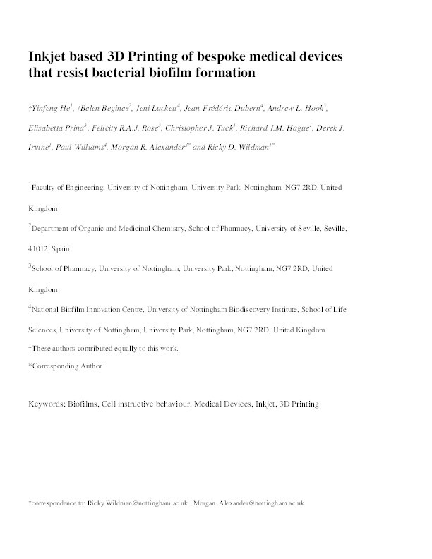 Inkjet based 3D Printing of bespoke medical devices that resist bacterial biofilm formation Thumbnail