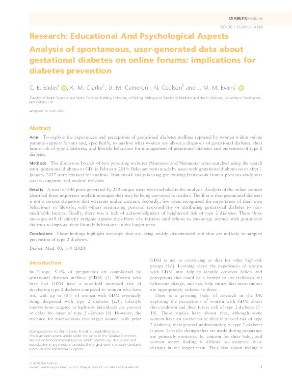 Analysis of spontaneous, user?generated data about gestational diabetes on online forums: implications for diabetes prevention Thumbnail