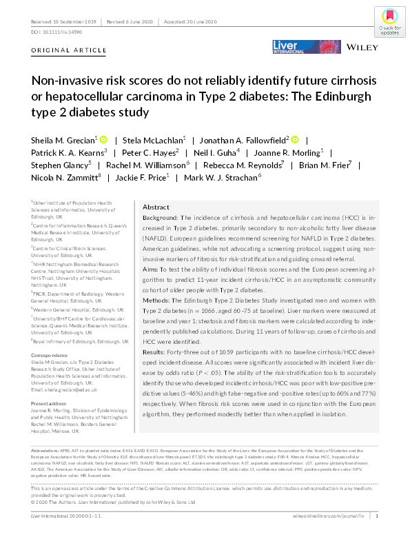 Non-invasive risk scores do not reliably identify future cirrhosis or hepatocellular carcinoma in Type 2 diabetes: The Edinburgh Type 2 Diabetes Study Thumbnail