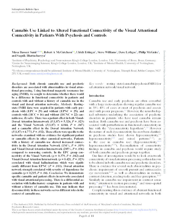 Cannabis Use Linked to Altered Functional Connectivity of the Visual Attentional Connectivity in Patients With Psychosis and Controls Thumbnail