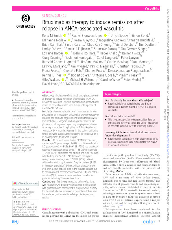 Rituximab as therapy to induce remission after relapse in ANCA-associated vasculitis Thumbnail