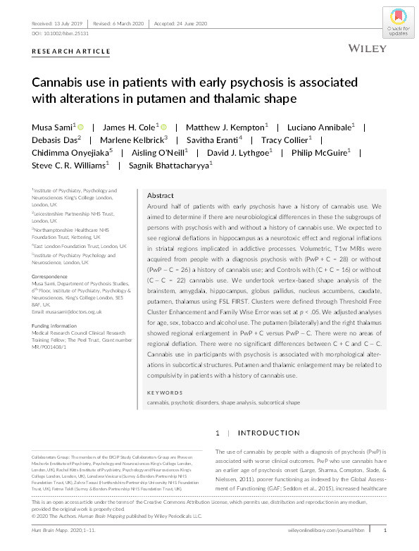 Cannabis use in patients with early psychosis is associated with alterations in putamen and thalamic shape Thumbnail