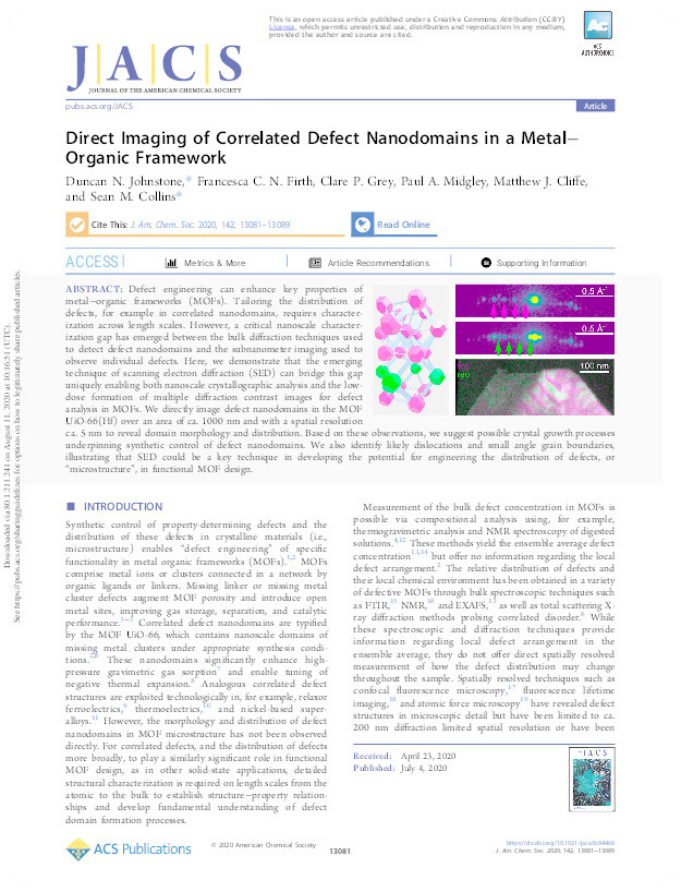 Direct imaging of correlated defect nanodomains in a metal-organic framework Thumbnail