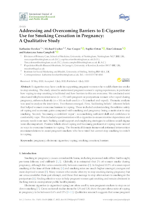 Addressing and overcoming barriers to e-cigarette use for smoking cessation in pregnancy: A qualitative study Thumbnail