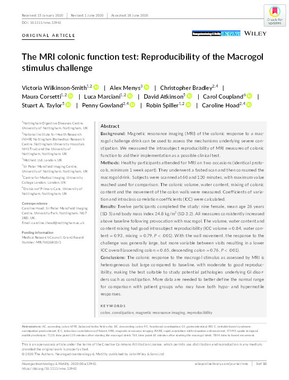 The MRI colonic function test: Reproducibility of the Macrogol stimulus challenge Thumbnail