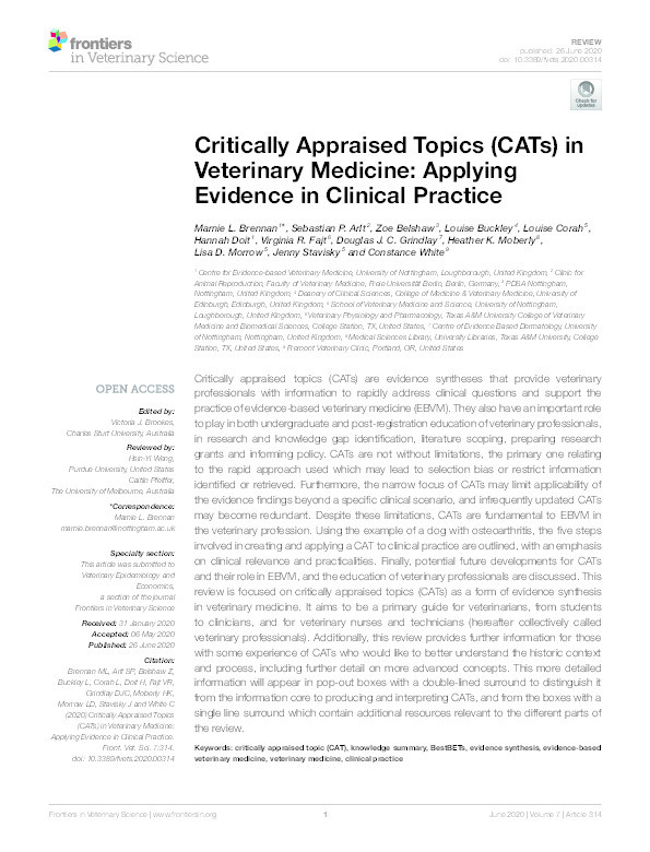 Critically Appraised Topics (CATs) in Veterinary Medicine: Applying Evidence in Clinical Practice Thumbnail