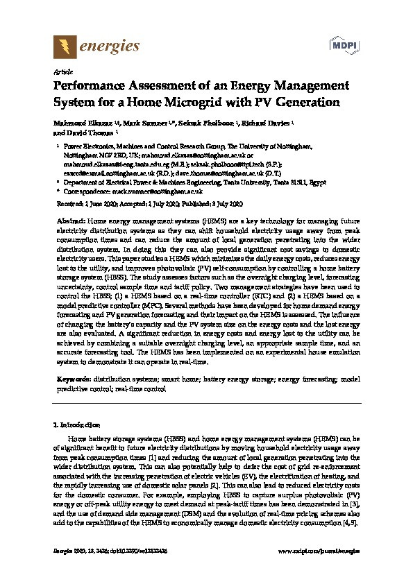 Performance Assessment of an Energy Management System for a Home Microgrid with PV Generation Thumbnail