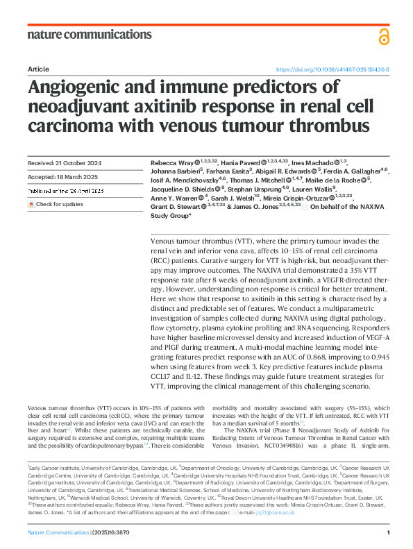 Angiogenic and immune predictors of neoadjuvant axitinib response in renal cell carcinoma with venous tumour thrombus Thumbnail