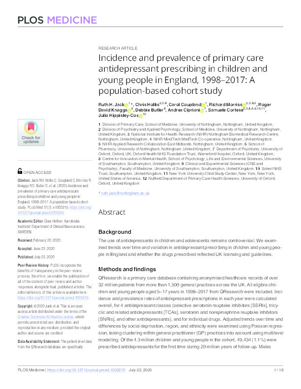 Incidence and prevalence of primary care antidepressant prescribing in children and young people in England, 1998-2017: A population-based cohort study Thumbnail