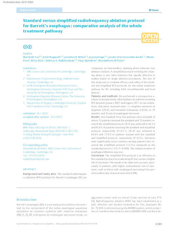 Standard versus simplified radiofrequency ablation protocol for Barrett’s esophagus: comparative analysis of the whole treatment pathway Thumbnail