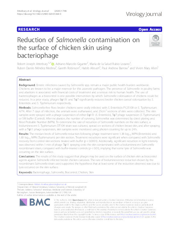 Reduction of Salmonella contamination on the surface of chicken skin using bacteriophage Thumbnail