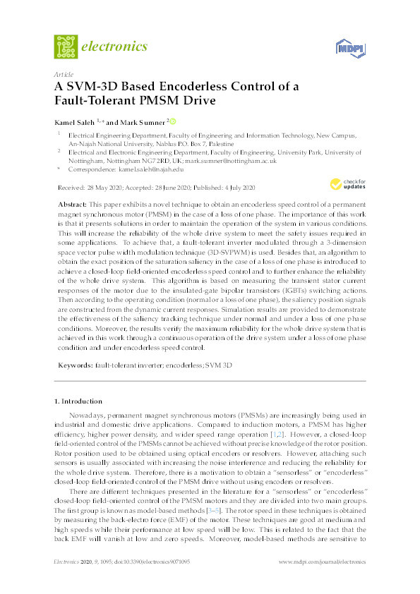 A SVM-3D Based Encoderless Control of a Fault-Tolerant PMSM Drive Thumbnail