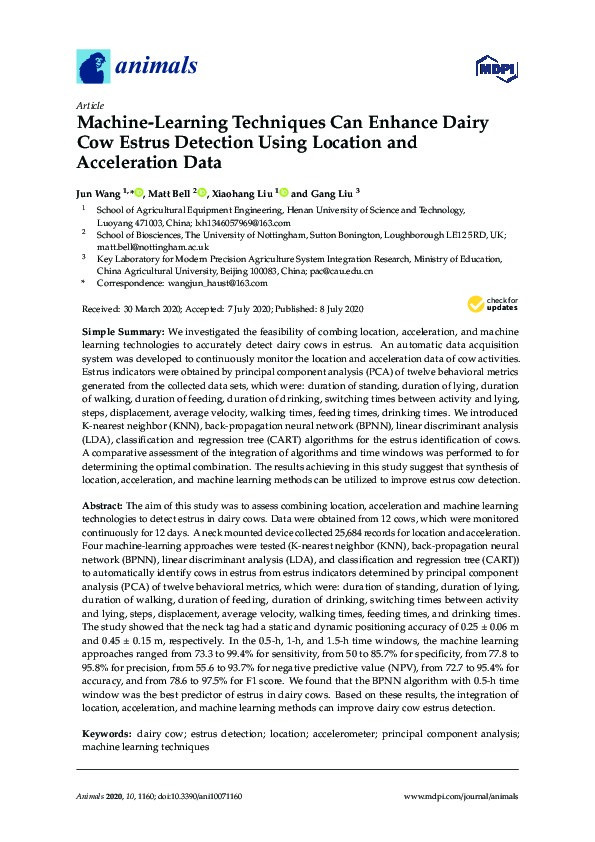 Machine-learning techniques can enhance dairy cow estrus detection using location and acceleration data Thumbnail