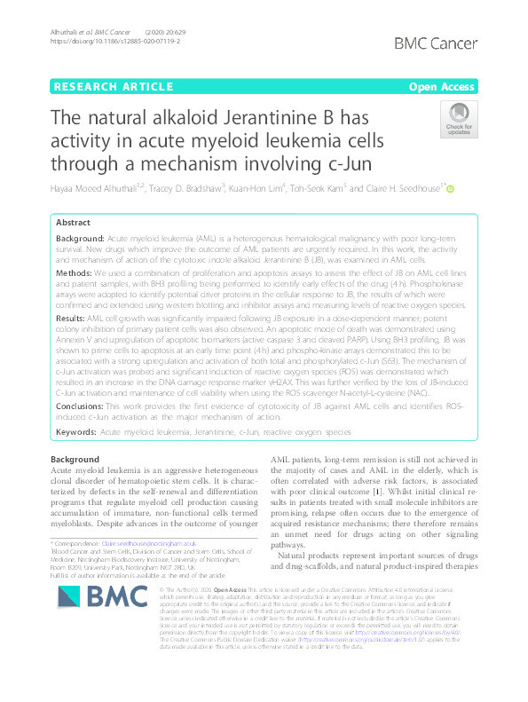 The natural alkaloid Jerantinine B has activity in acute myeloid leukemia cells through a mechanism involving c-Jun Thumbnail