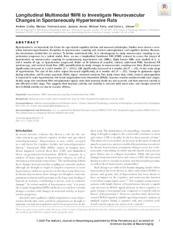 Longitudinal Multimodal fMRI to Investigate Neurovascular Changes in Spontaneously Hypertensive Rats Thumbnail