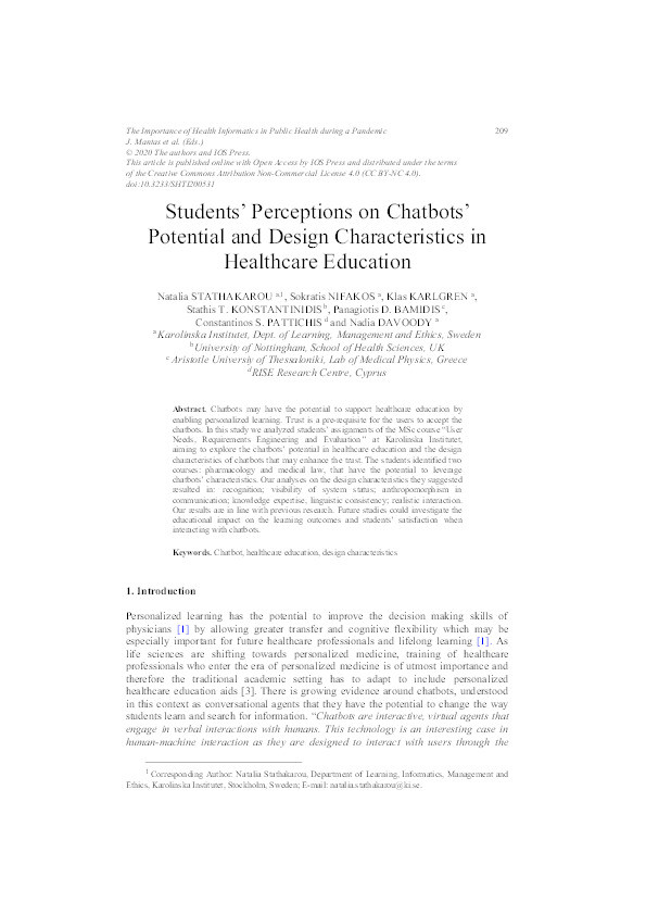 Students' perceptions on chatbots' potential and design characteristics in healthcare education Thumbnail