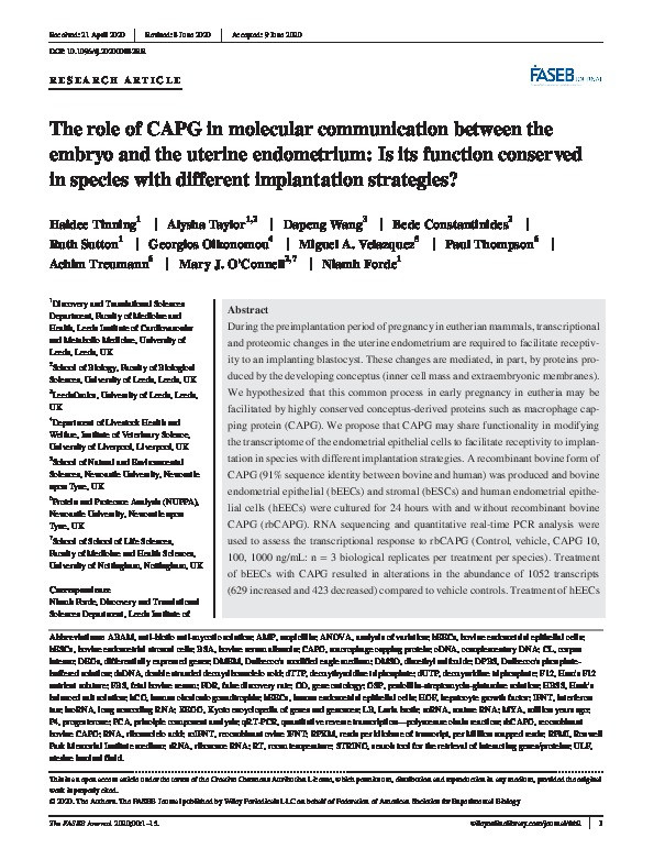 The role of CAPG in molecular communication between the embryo and the uterine endometrium: Is its function conserved in species with different implantation strategies? Thumbnail