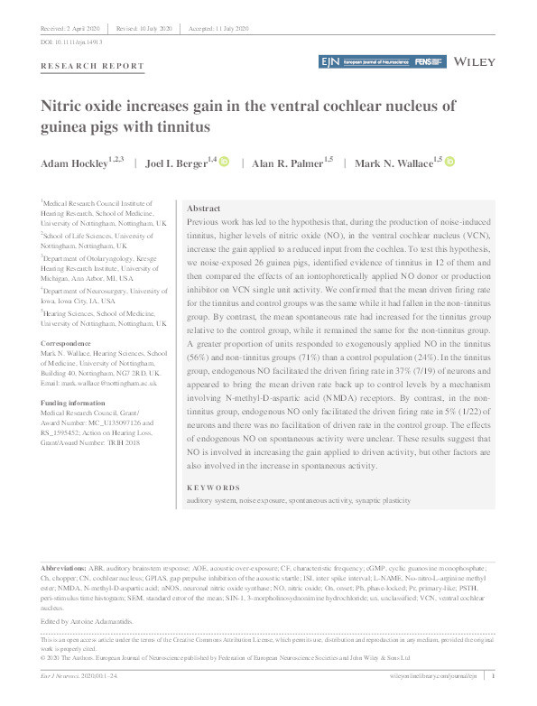 Nitric oxide increases gain in the ventral cochlear nucleus of guinea pigs with tinnitus Thumbnail