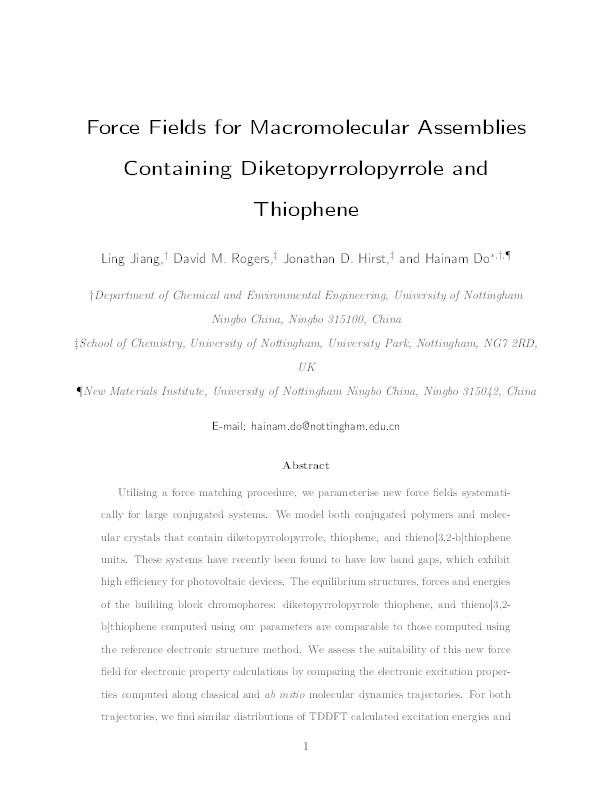 Force Fields for Macromolecular Assemblies Containing Diketopyrrolopyrrole and Thiophene Thumbnail