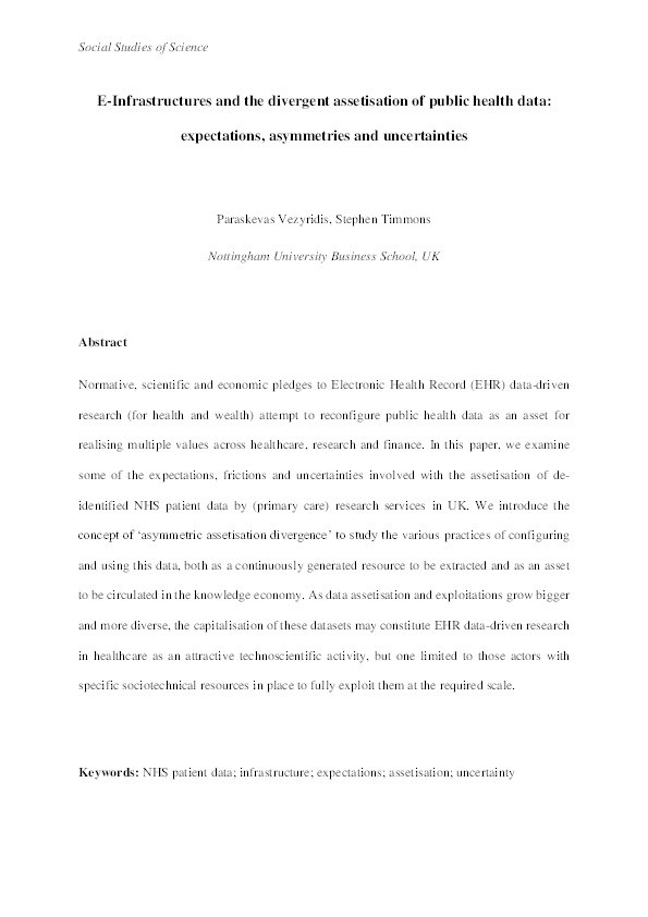 E-Infrastructures and the divergent assetization of public health data: Expectations, uncertainties, and asymmetries Thumbnail