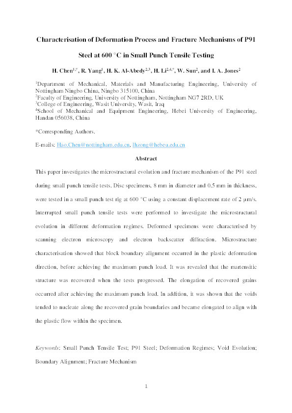 Characterisation of deformation process and fracture mechanisms of P91 steel at 600°C in small punch tensile testing Thumbnail