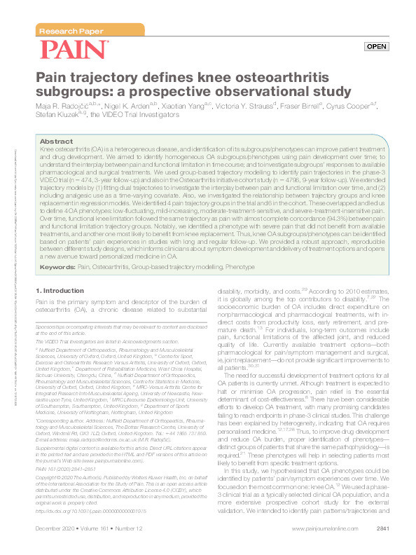 Pain trajectory defines knee osteoarthritis subgroups: a prospective observational study Thumbnail