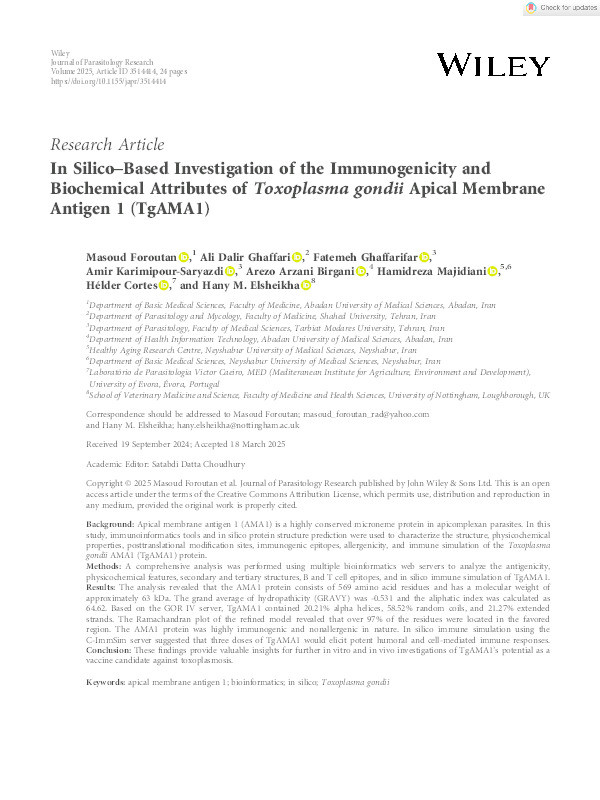 In Silico–Based Investigation of the Immunogenicity and Biochemical Attributes of Toxoplasma gondii Apical Membrane Antigen 1 (TgAMA1) Thumbnail