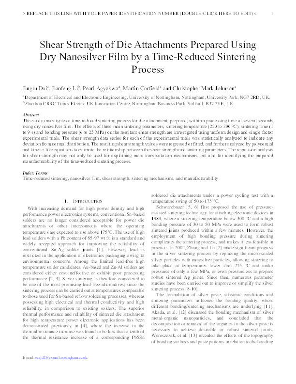 Shear strength of die attachments prepared using dry nanosilver film by a time-reduced sintering process Thumbnail